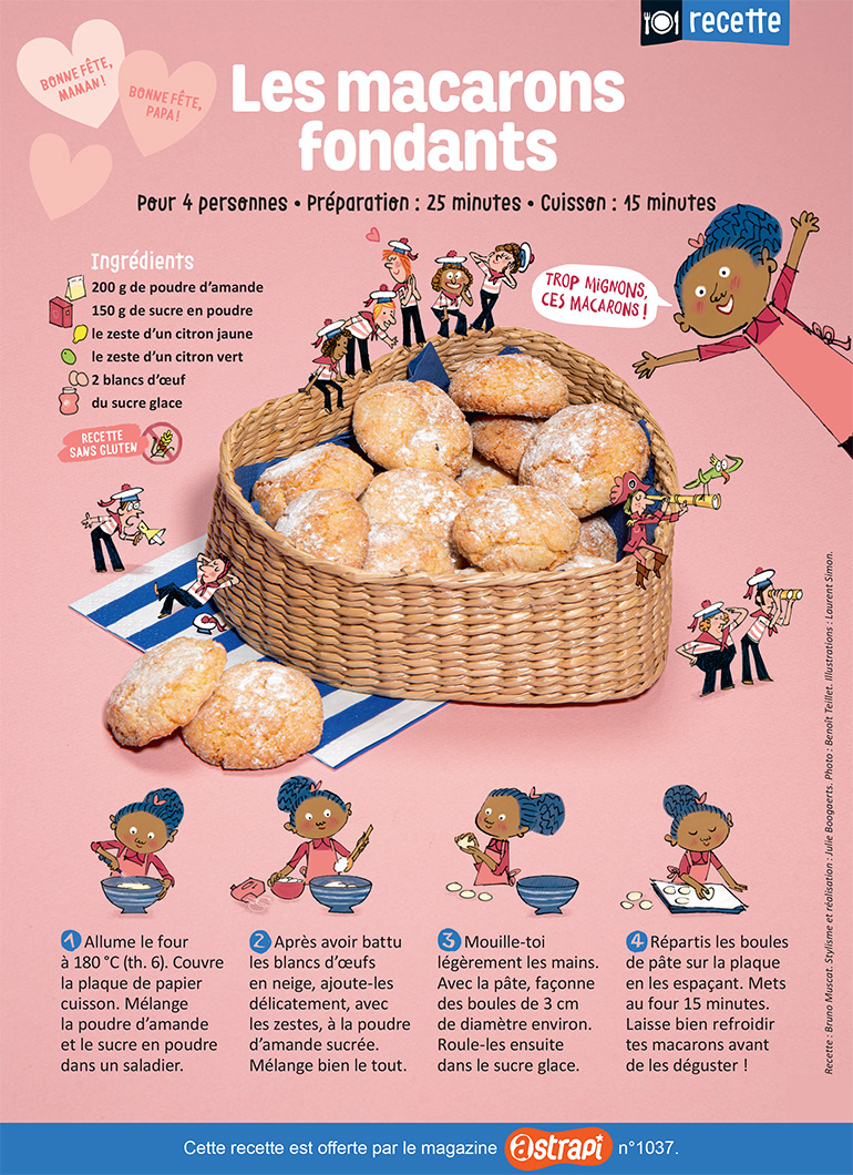 Recette pour enfants : les macarons fondants, Astrapi n°1037, 1er juin 2024. Photo : Benoît Teillet. Illustrations : Laurent Simon.
