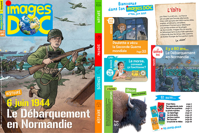 Couverture et sommaire du magazine Images Doc n°426, juin 2024 - Le Débarquement en Normandie.