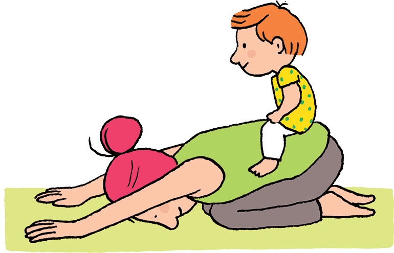 Yoga avec bébé : posture du chat. Illustration : Vérane Cottin, Popi n°454, juin 2024.