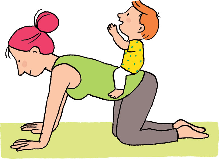 Yoga avec bébé : posture du chat. Illustration : Vérane Cottin, Popi n°454, juin 2024.