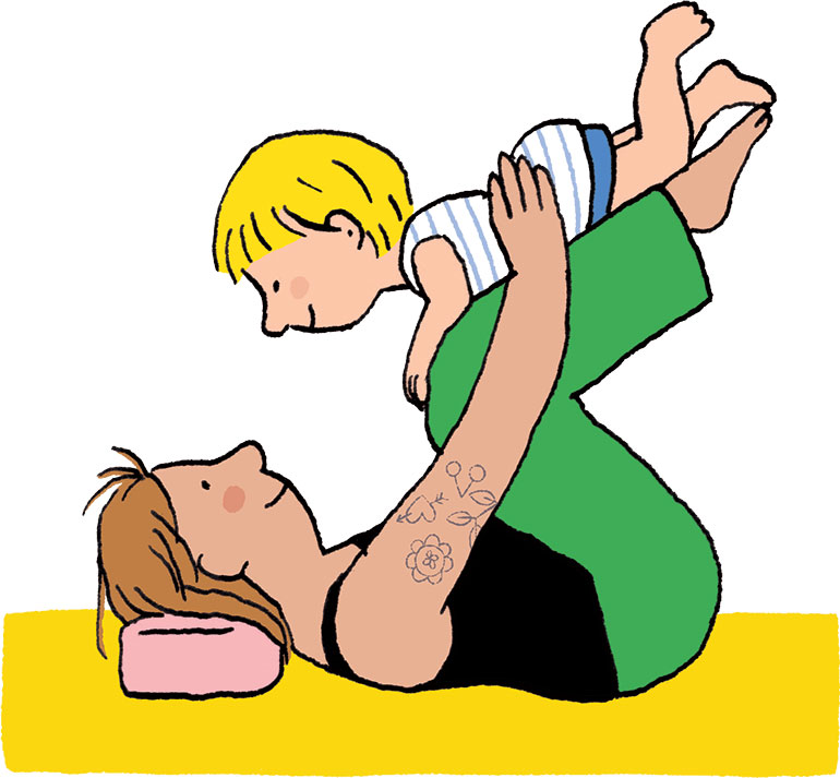 Yoga avec bébé : posture du singe. Illustration : Vérane Cottin, Popi n°454, juin 2024.