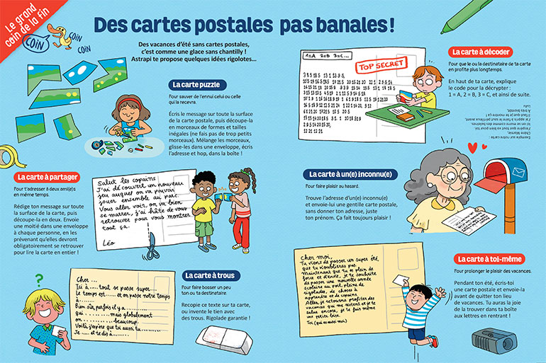 Des cartes postales pas banales !, Astrapi n°1039, 1er juillet 2024. Illustrations : Clara Soriano.