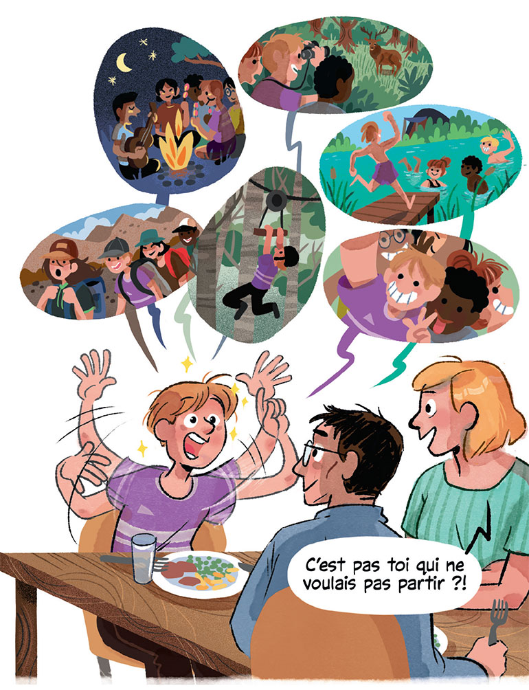 “Des vacances sans mes parents… Et si j'osais ?”, image extraite de la rubrique “On se dit tout” du magazine Okapi n°1203. Illustrations : Virginie Vidal.