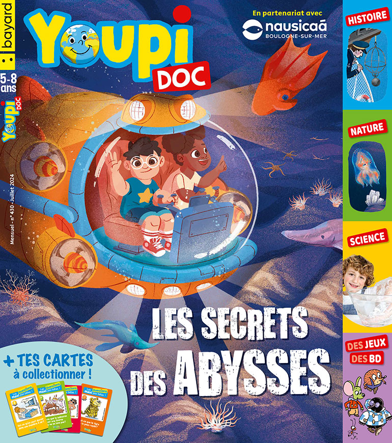 Couverture du magazine Youpi Doc, n°430, juillet 2024. Les secrets des abysses.
