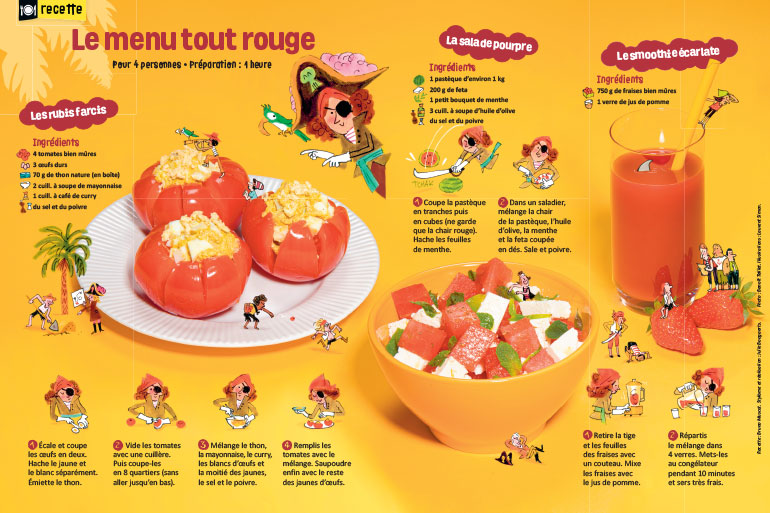 “Le menu tout rouge”, Astrapi n°1040, 1er août 2024. Photo : Benoît Teillet. Illustrations : Laurent Simon.