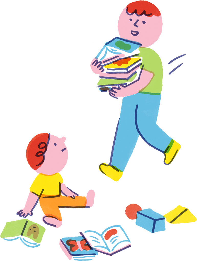 On peut avoir la tentation de surstimuler les enfants à coup de hochets, de livres, jeux d’éveil… L’ennui, c’est bien aussi !, supplément pour les parents du magazine Popi n° 456, août 2024. Illustration : Julie Escoriza.