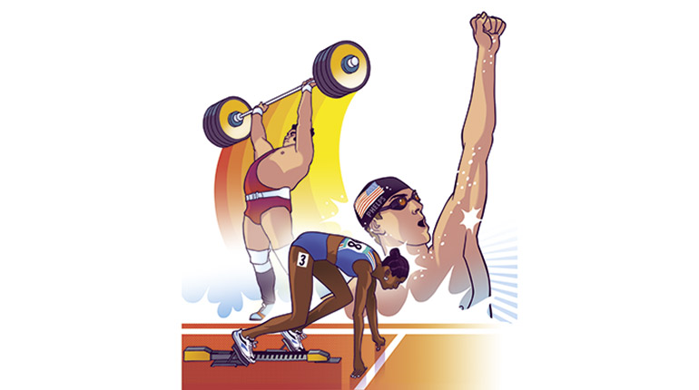 Vassili Alexeiev, Marie-José Pérec, Michael Phelps. Nos héros des JO, article extrait du magazine Okapi n°1204 du 1er août 2024. Illustration : Guillaume Decaux.