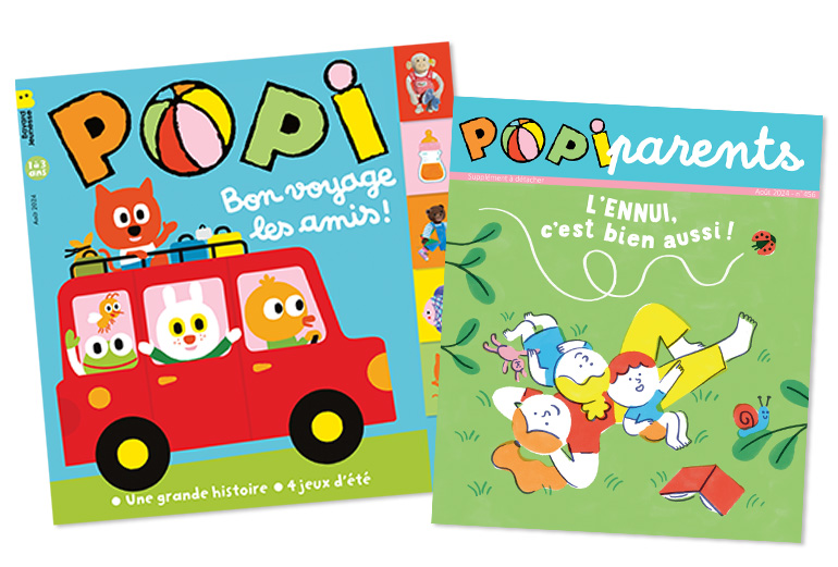 Couverture du magazine Popi n°456, août 2024 - Bon voyage les amis ! - Supplément pour les parents : les bienfaits de l'ennui.