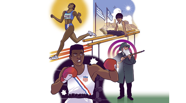 Marie-José Pérec, Cassius Clay, Dimítrios Loúndras, Oscar Swahn. Nos héros des JO, article extrait du magazine Okapi n°1204 du 1er août 2024. Illustration : Guillaume Decaux.