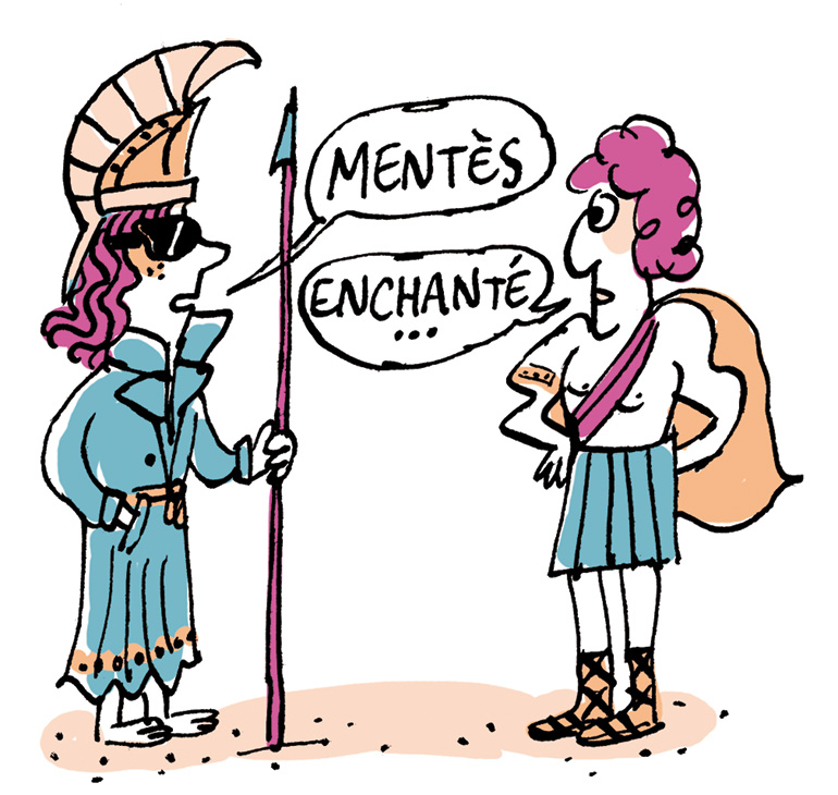 Un beau jour, un homme débarque à Ithaque : Mentès. Télémaque ne le sait pas, mais en réalité, il s’agit de la déesse Athéna, en mode incognito ! “Le classique sans prise de tête : L’Odyssée - Chants I à IV - Un poème épique grec d'Homère”, Je bouquine n°487, septembre 2024. Texte : Romane Le Dain. Illustration : Marion Puech.