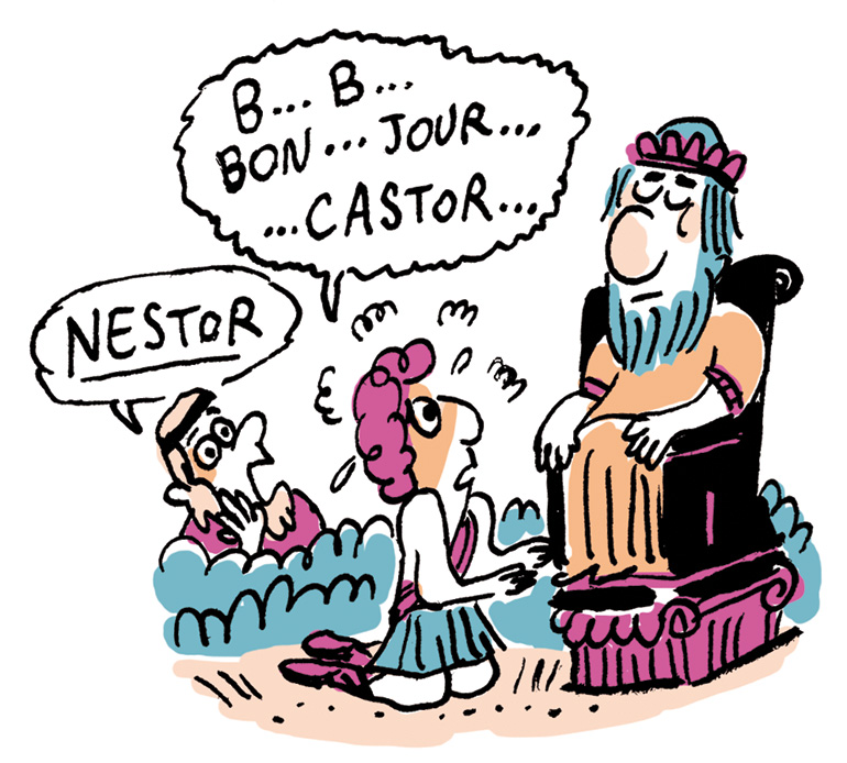 Arrivé à Pýlos, Télémaque se montre tout timide face au grand sage Nestor. 
“Le classique sans prise de tête : L’Odyssée - Chants I à IV - Un poème épique grec d'Homère”, Je bouquine n°487, septembre 2024. Texte : Romane Le Dain. Illustration : Marion Puech.
