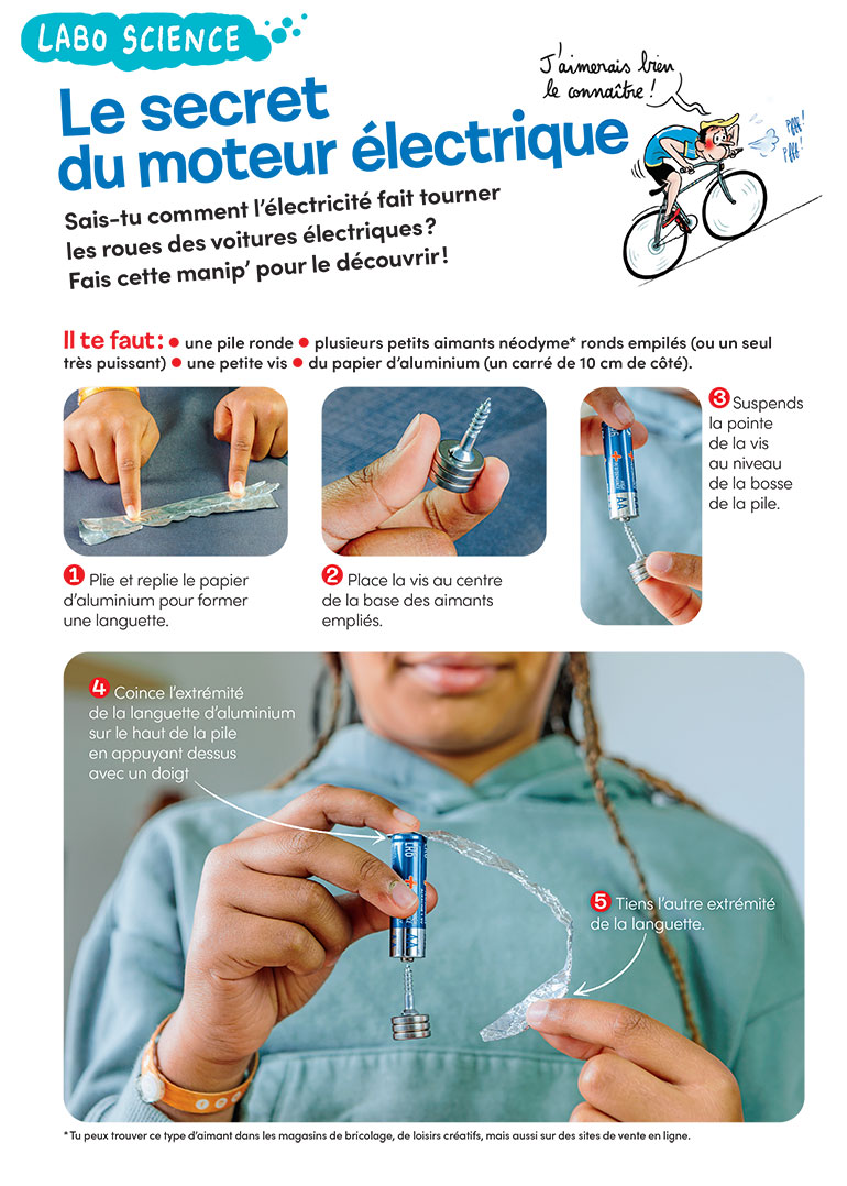 Labo science : Le secret du moteur électrique, Images Doc n°430, octobre 2024. Photos : Rebecca Josset. Illustrations : Zelda Zonk. 