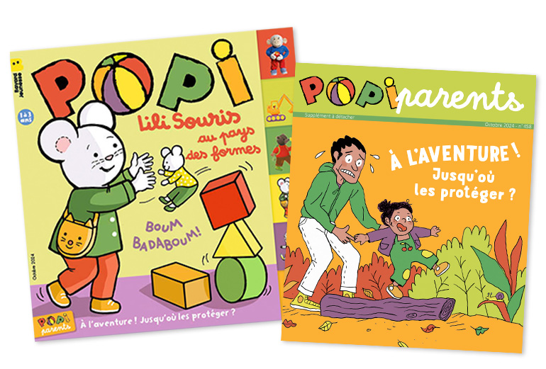 Couverture du magazine Popi n°458, octobre 2024 - Lili Souris au pays des formes - Supplément pour les parents : « À l'aventure ! Jusqu'où les protéger ? »