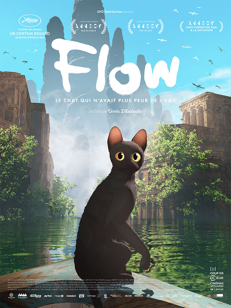 Affiche du film. “10 raisons d’aller voir : Flow”, Je bouquine n°489, novembre 2024.