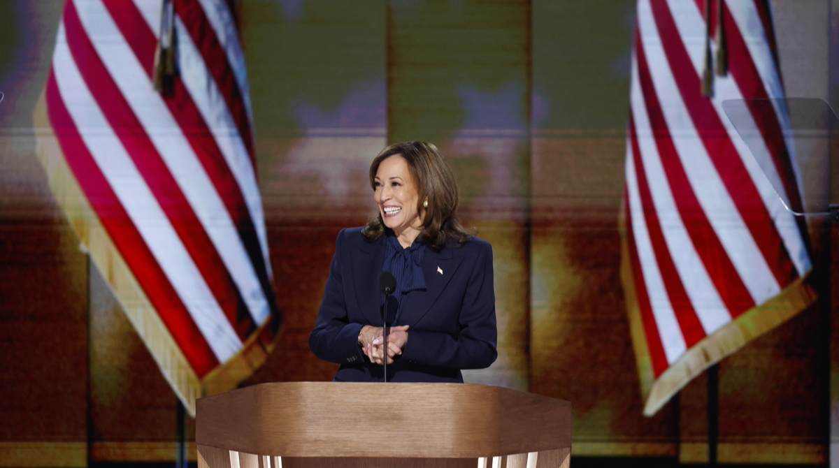 Kamala Harris, candidate démocrate aux élections présidentielles américaines, durant son discours à la Convention nationale démocrate en août 2024.