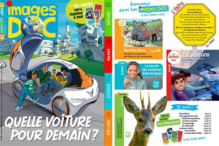 Couverture et sommaire du magazine Images Doc n°430, octobre 2024 - Quelle voiture pour demain ?