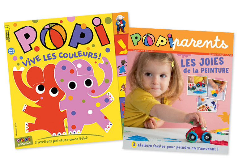 Couverture du magazine Popi n°459, novembre 2024 - Vive les couleurs ! - Supplément pour les parents : « 3 ateliers peinture avec bébé »