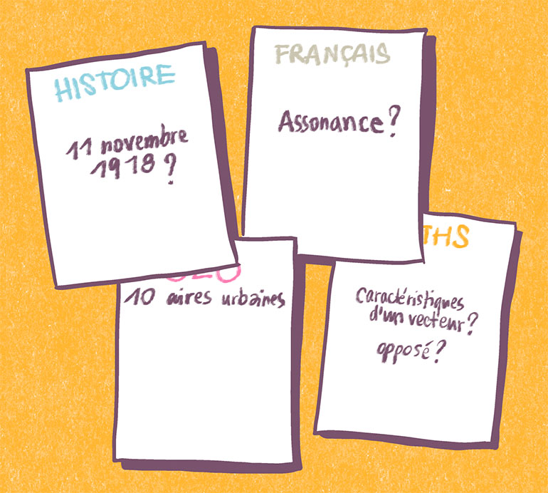 Fais des flashcards. « Révisions : 4 méthodes pour efficaces », Phosphore n°587, 1er décembre 2024. Illustrations : Vincent Sorel.