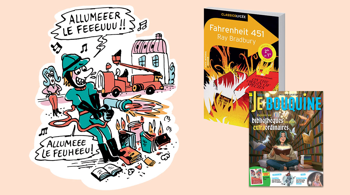 “Le classique sans prise de tête : Fahrenheit 451”, Je bouquine n°491, janvier 2025. Illustrations : Marion Puech.