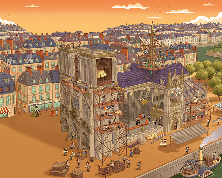 Rénovation XIX siècle. Énigme à Notre-Dame, magazine Astrapi n° 1047 du 1er décembre 2024. Illustrations : Roger Zanni.