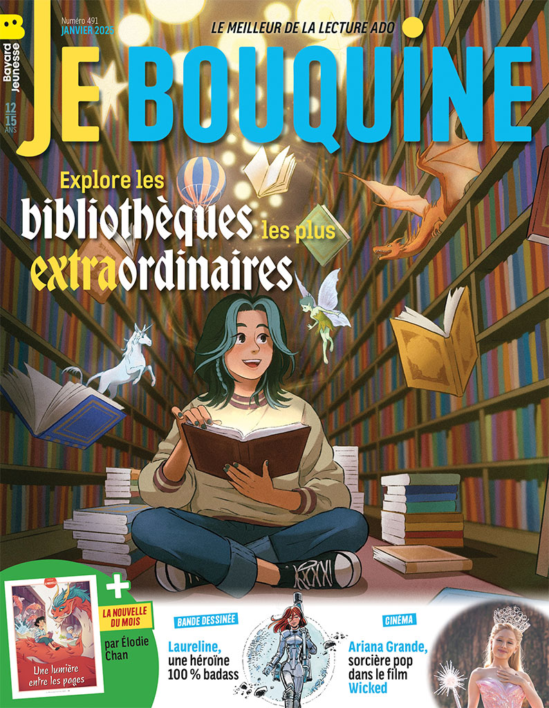 Couverture du magazine Je bouquine n°491, janvier 2025 - Explore les bibliothèques extraordinaires.