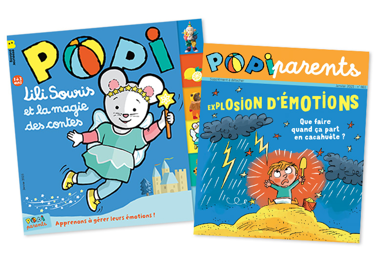 Couverture du magazine Popi n°461, janvier 2025 - Lili Souris et la magie des contes - Supplément pour les parents : “Explosion d'émotions - Que faire quand ça part en cacahuète ?”