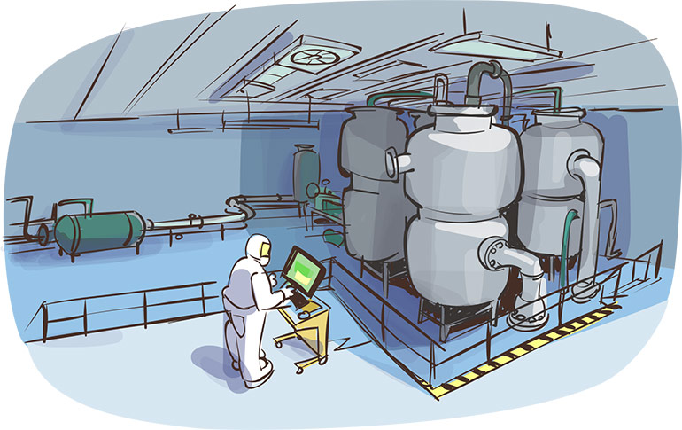 Pour produire en grande quantité le médicament, il faut inventer et construire des machines spéciales dans des usines ultrapropres. On appelle cette étape le développement industriel. Images Doc n° 434. Texte : Olivier Voizeux. Illustration : Renaud Collin.