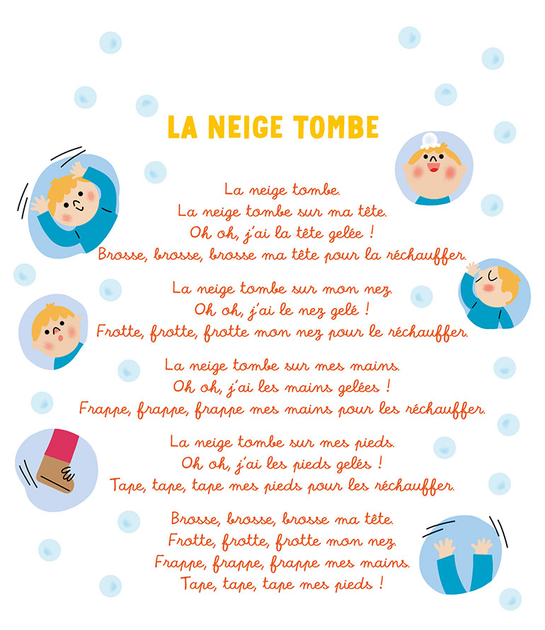 Comptine à gestes pour les tout-petits : « La neige tombe ». Illustration : Sophie Bouxom. Popi n° 462.