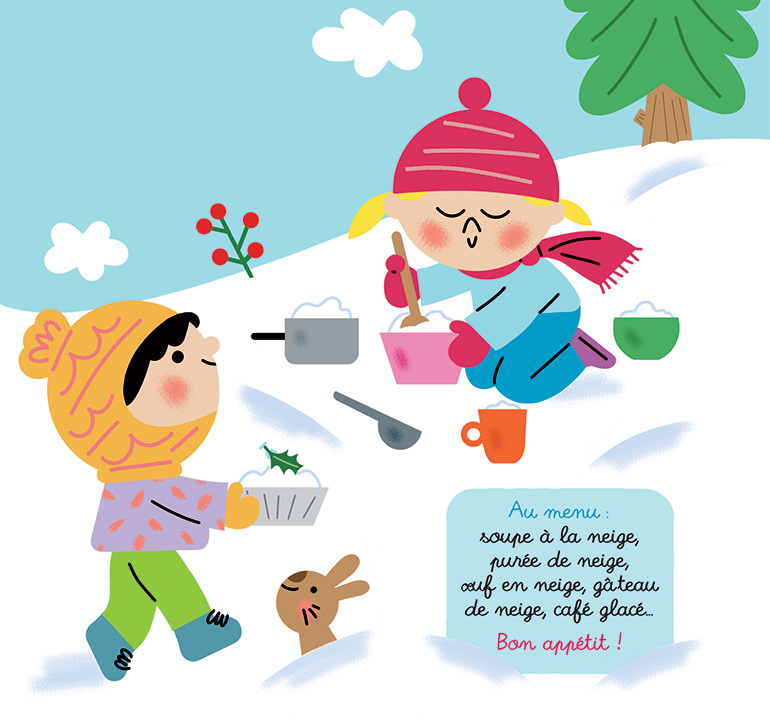 Jeu d'extérieur pour les tout-petits : la dînette de neige ». Illustration : Sophie Bouxom. Popi n° 462.