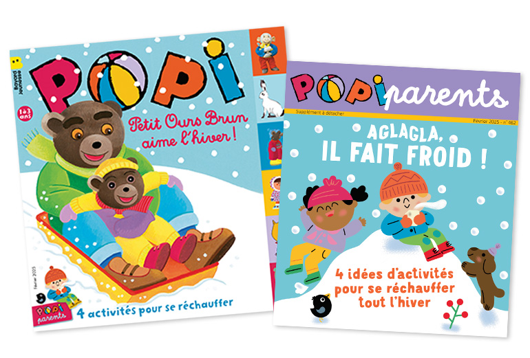 Couverture du magazine Popi n°462, février 2025 - Petit Ours Brun aime l'hiver ! - Supplément pour les parents : “4 activités pour se réchauffer”