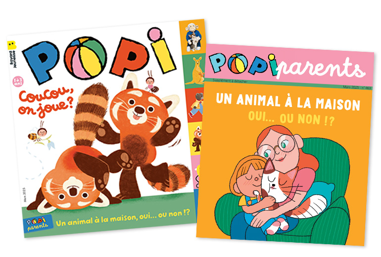 Couverture du magazine Popi n°463, mars 2025 - Coucou, on joue ? - Supplément pour les parents : “Un animal à la maison : oui… ou non ?”